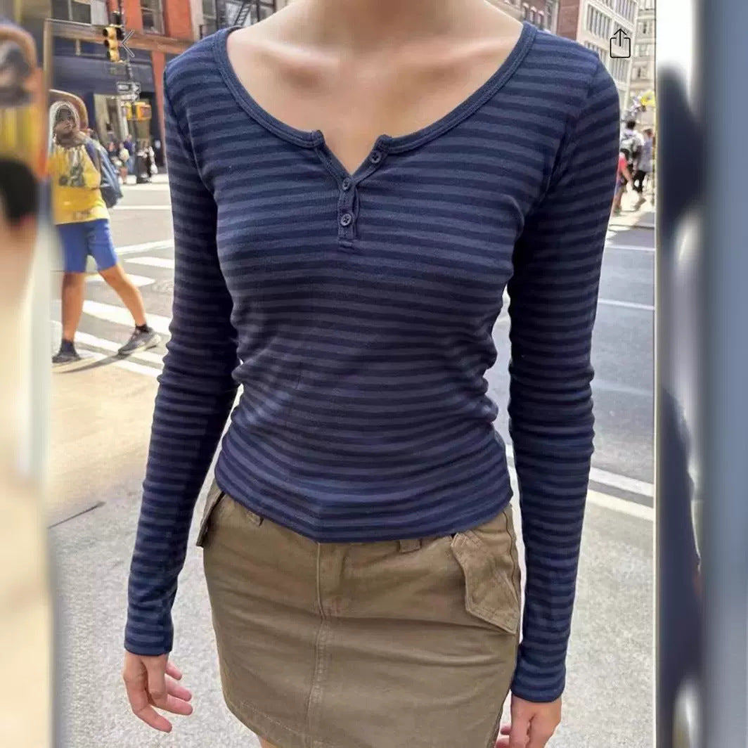 Damen Langarm-Henley-Shirt mit feinen Streifen Drune