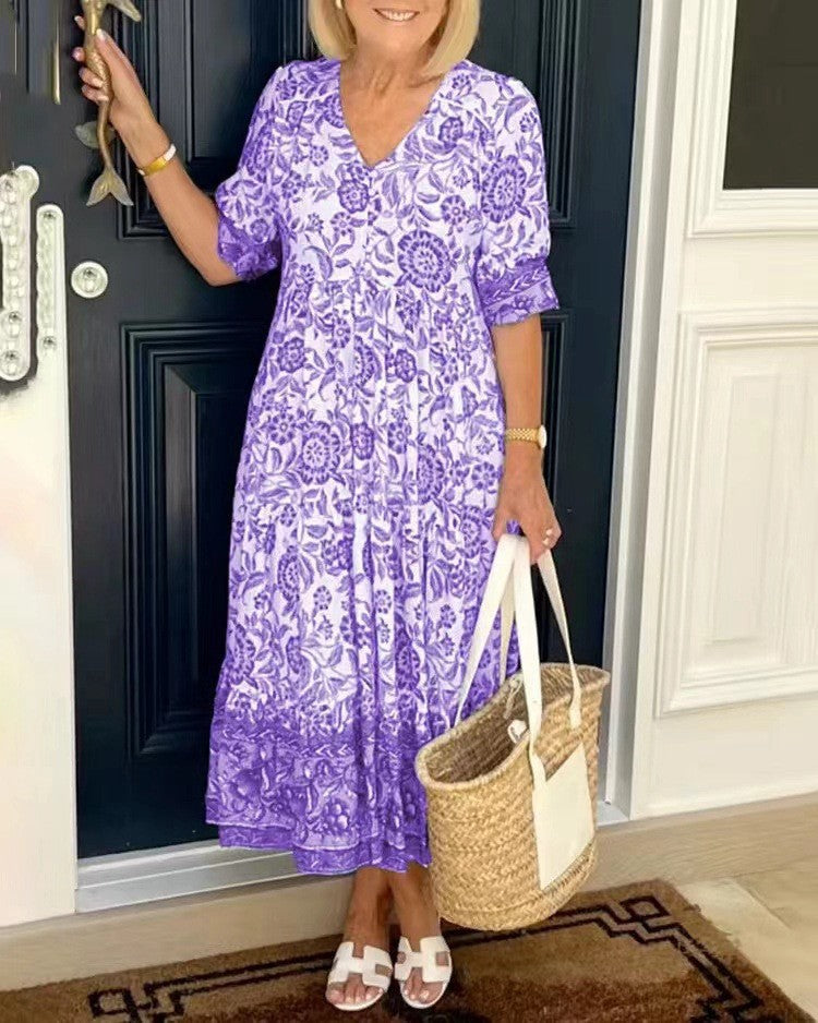 Drune | Dreiviertelärmeliges langes floral gefärbtes Tie-Dye Druckkleid