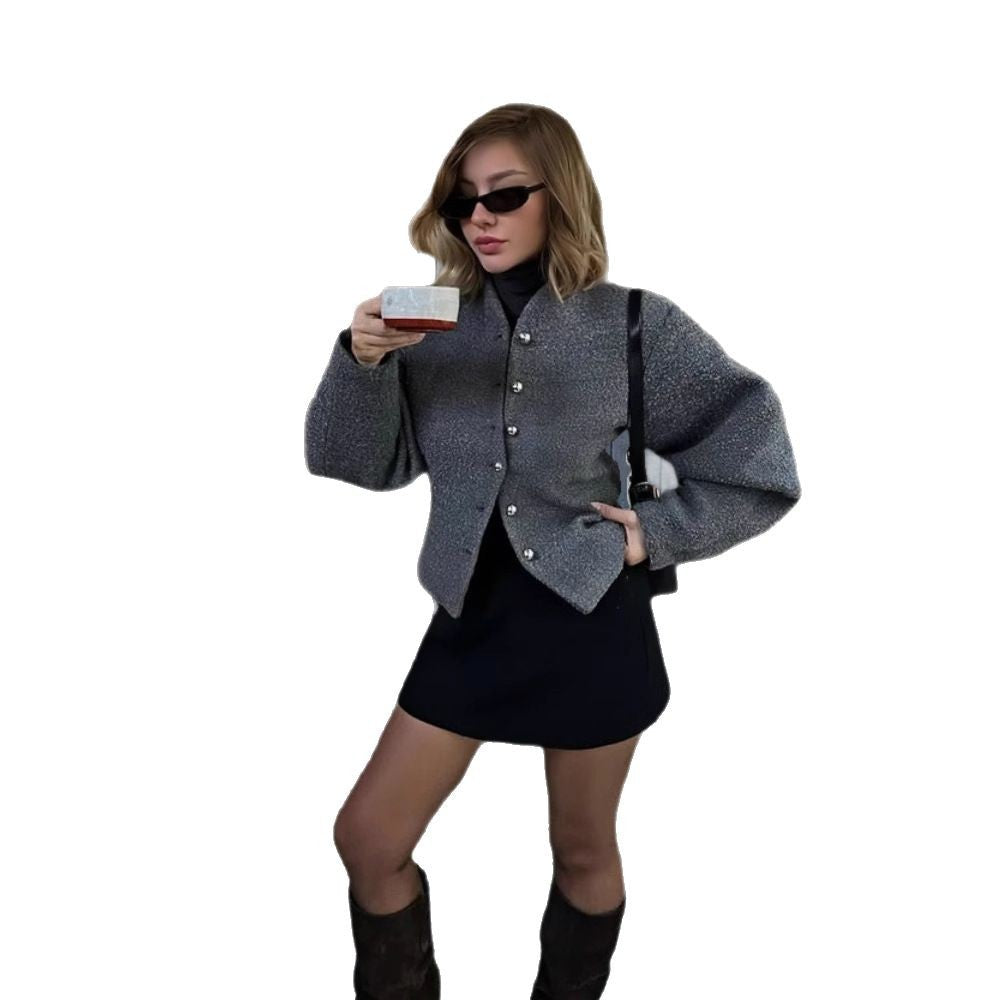 Damen elegante Kurzjacke mit stilvollen Knöpfen und voluminösen Ärmeln Drune