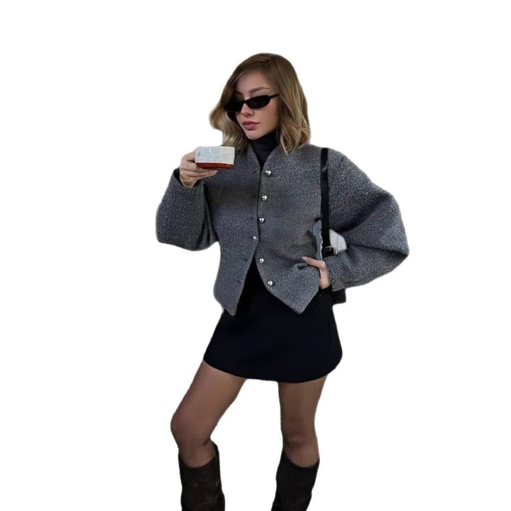 Damen elegante Kurzjacke mit stilvollen Knöpfen und voluminösen Ärmeln Drune