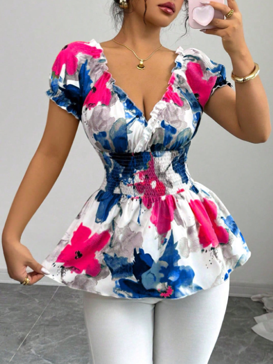 Damen Bluse mit floralen Rüschen und elastischem Taillenbund Drune