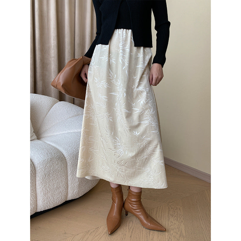 Damen Eleganter Midirock aus samtigem Material mit floralem Design Drune
