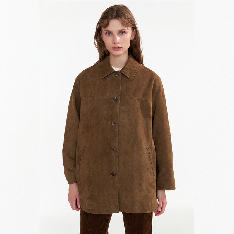 Damen Modische Wildlederjacke mit Button-Up-Verschluss Drune