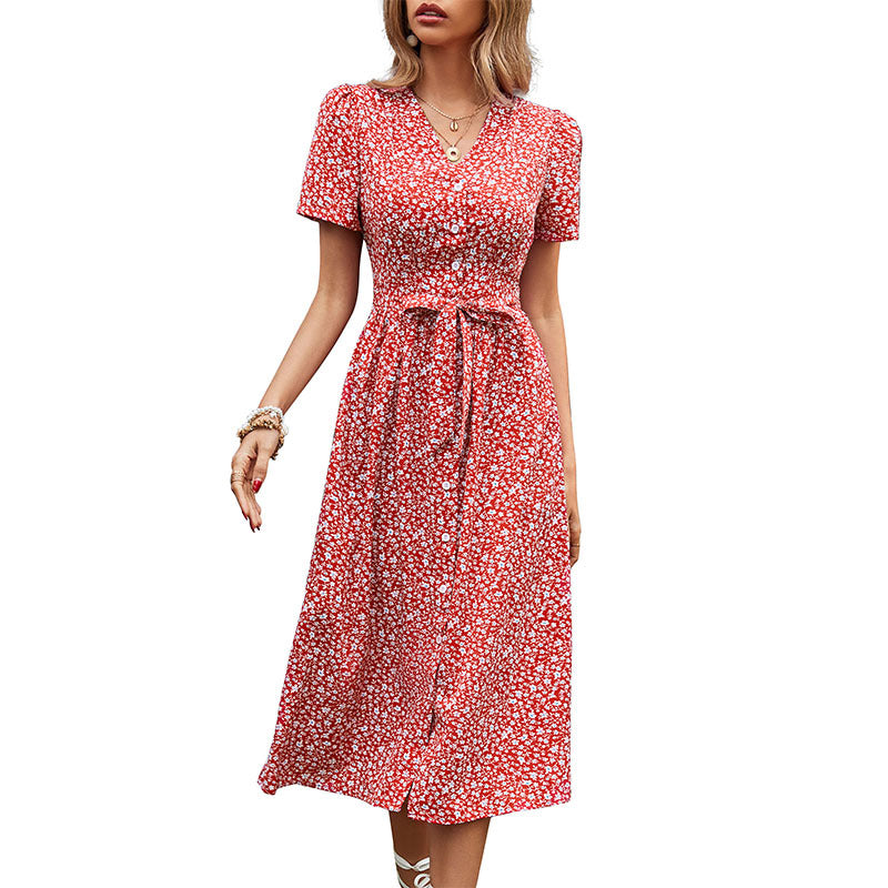 Damen Maxikleid mit floralen Mustern und lässigem Taillengürtel Drune