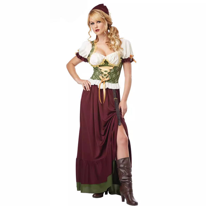Damen nan sexy bayerisches Dirndl Kostüm mit geschnürtem Mieder Puffärmeln und mehrlagigem Stufenrock Drune