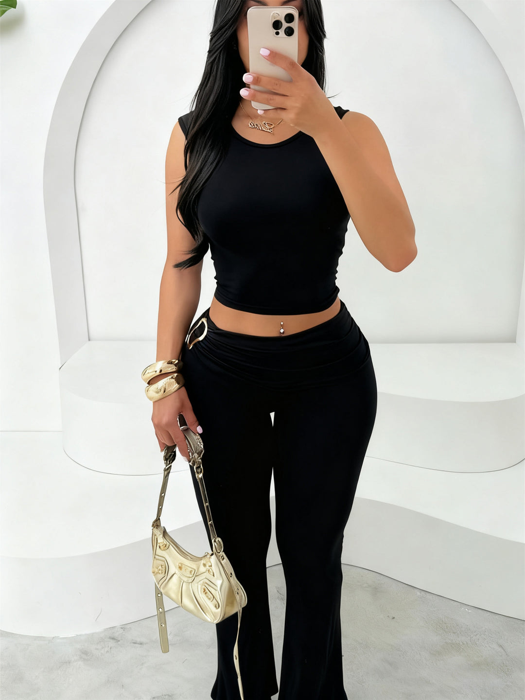 Damen figurbetontes Crop-Top und flared Leggings Set Drune