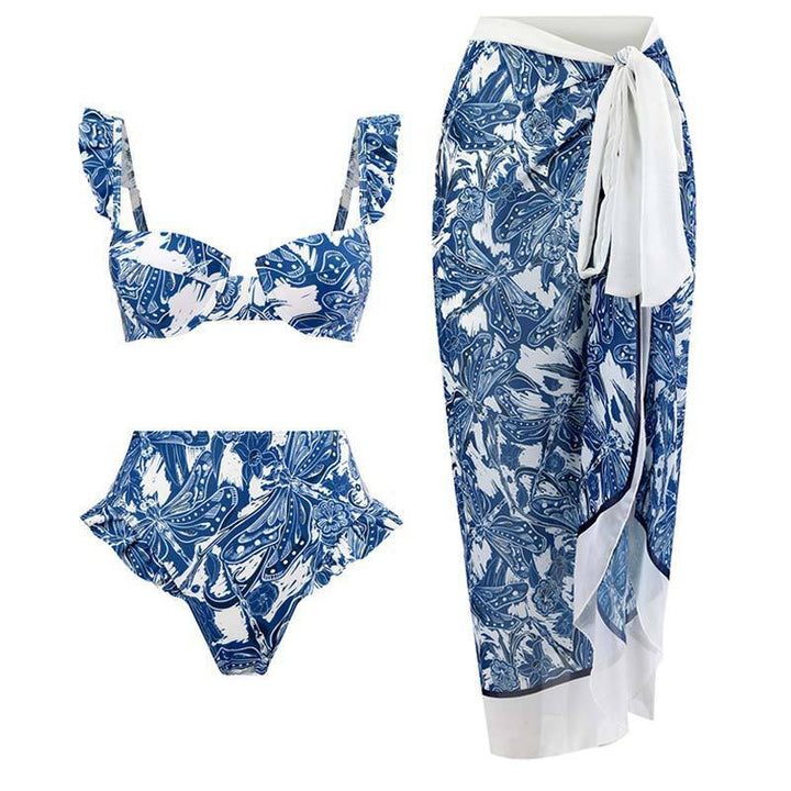 Damen Bikini-Set mit rüschenverziertem Oberteil und hoch taillierter Hose Drune
