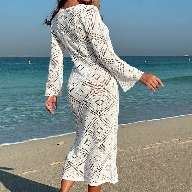 Damen Häkel-Strandkleid mit weit ausgestellten Ärmeln und geometrischem Muster Drune