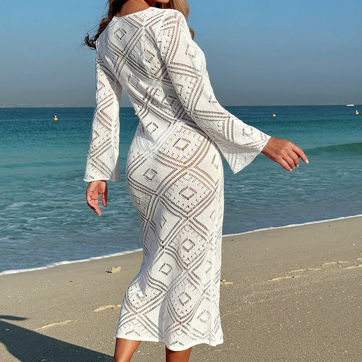 Damen Häkel-Strandkleid mit weit ausgestellten Ärmeln und geometrischem Muster Drune