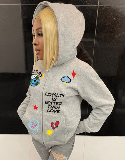 Damen Kapuzenjacke mit buntem Grafikdesign und trendigen Applikationen Drune