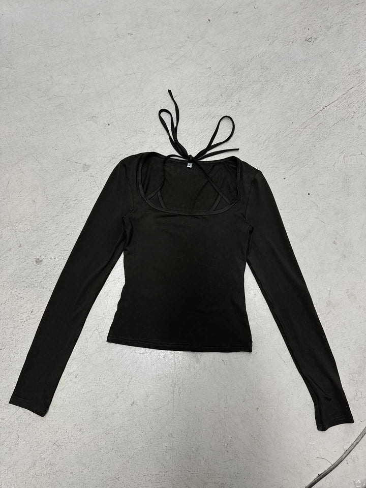 Damen nan figurbetontes Langarm-Top mit Neckholder-Bindung und eckigem Ausschnitt Drune