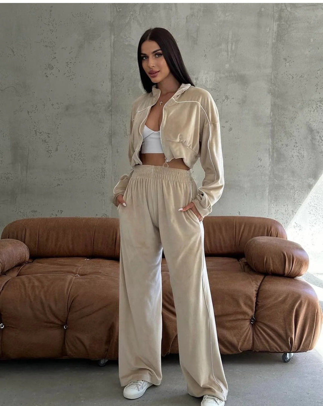 Damen modischer Fleecejacke und lässige Hose Set Drune
