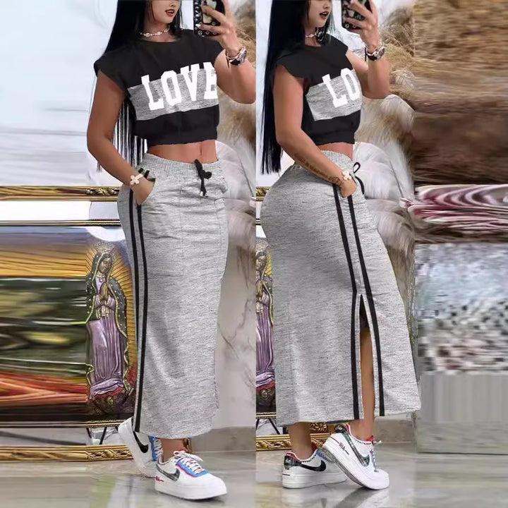 Damen Sportliches Crop-Top und Maxirock Set Drune