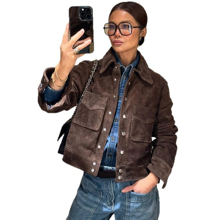 Damen Modische Wildlederjacke mit praktischen Taschen Drune