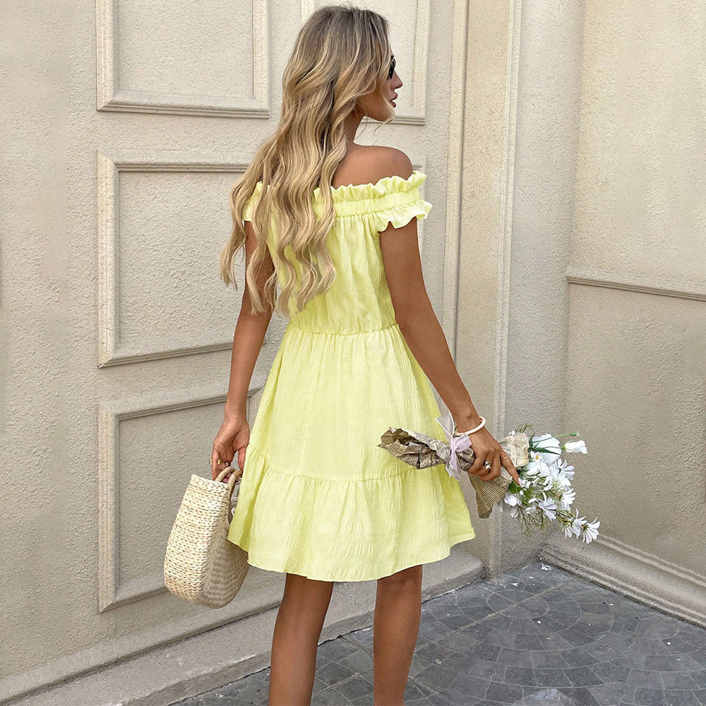 Damen kurzes Sommerkleid mit verspieltem Rüschensaum und schulterfreiem Design Drune