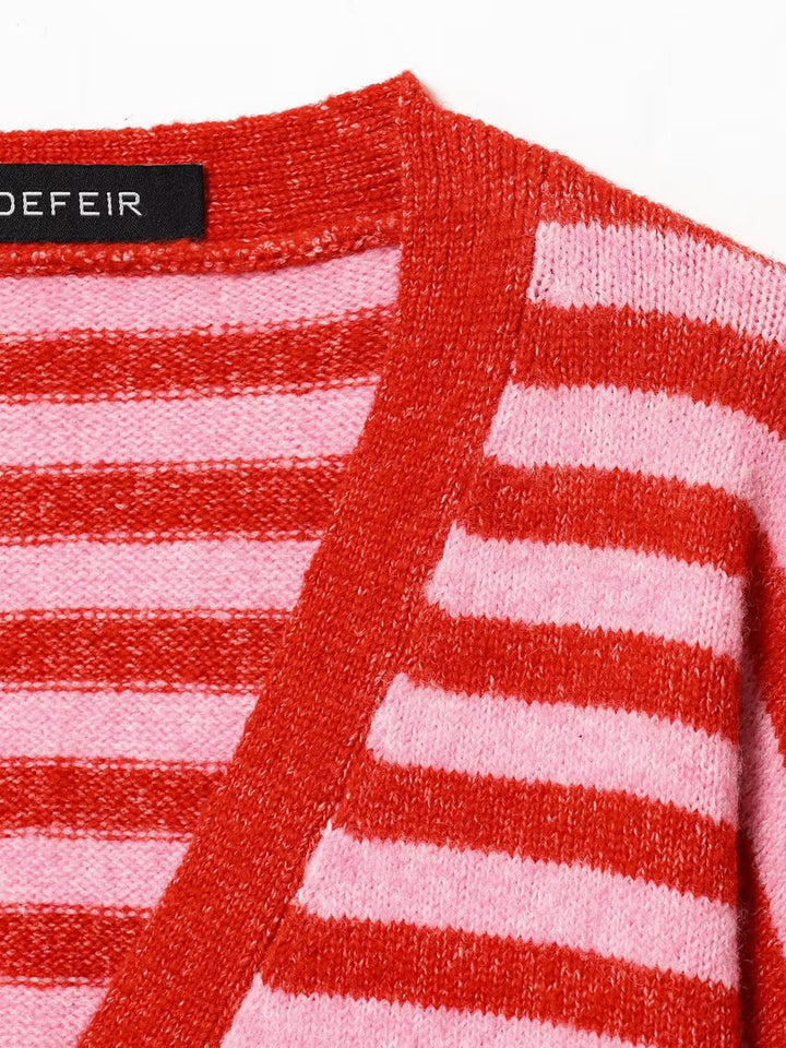 Damen modische gestreifte Strickjacke mit V-Ausschnitt und Knopfleiste Drune