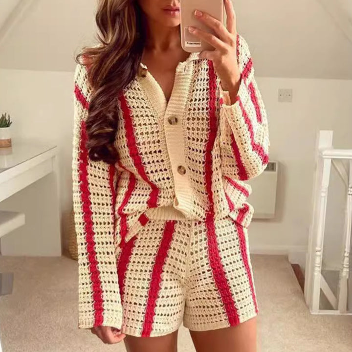 Damen Strickjacke mit offener Maschenstruktur und modischem Streifenmuster Drune