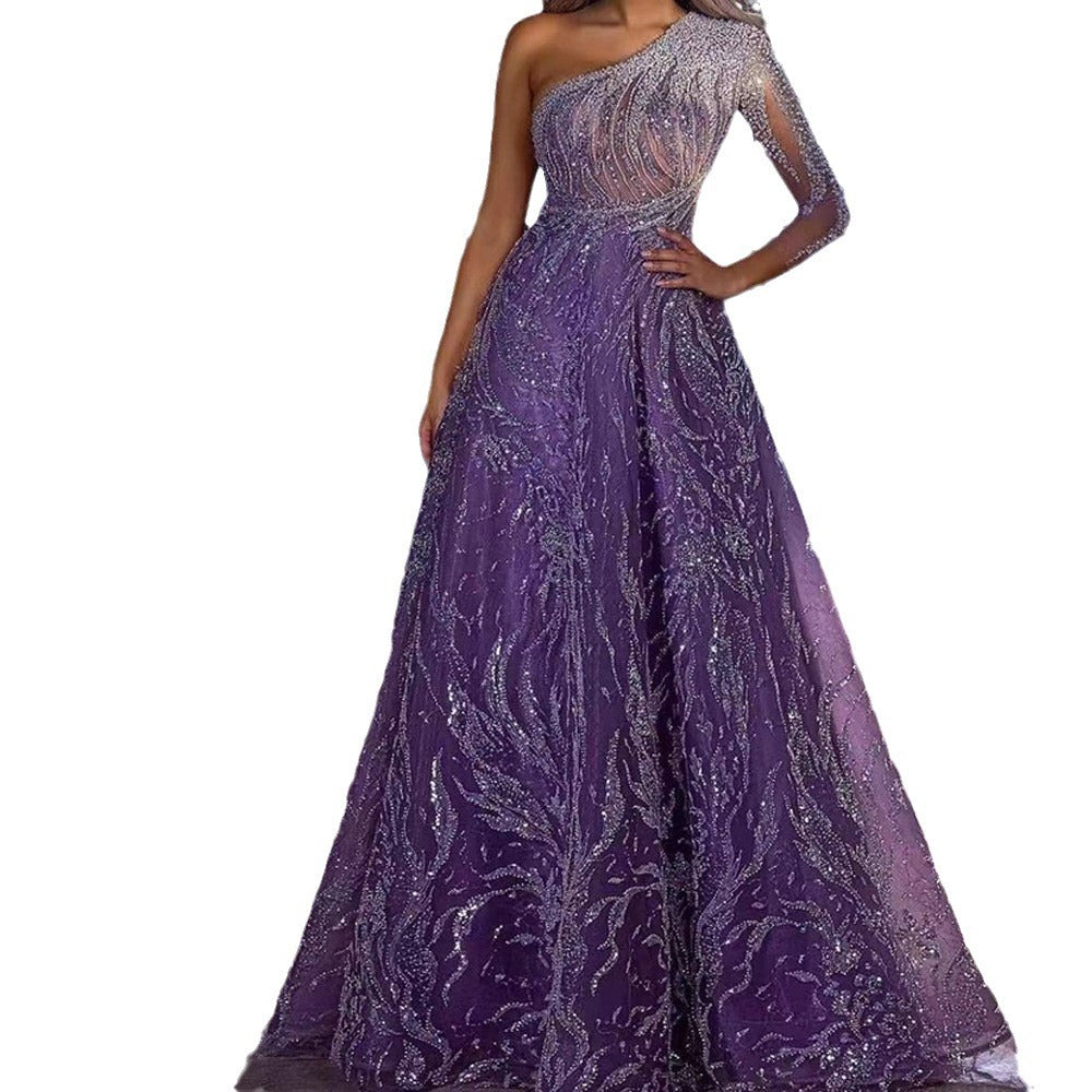 Damen Maxikleid mit asymmetrischem Oberteil und funkelnden Paillettenverzierungen Drune