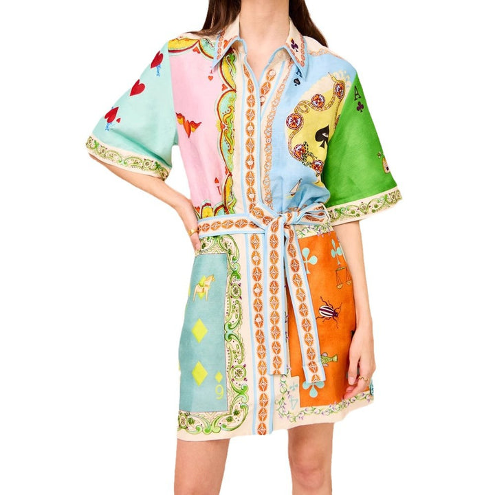 Damen Hemdblusenkleid mit buntem Patchwork-Muster und Taillengürtel Drune