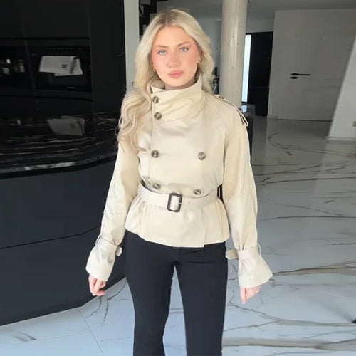 Damen modische Kurztrenchjacke mit doppelter Knopfreihe und Taillengürtel Drune