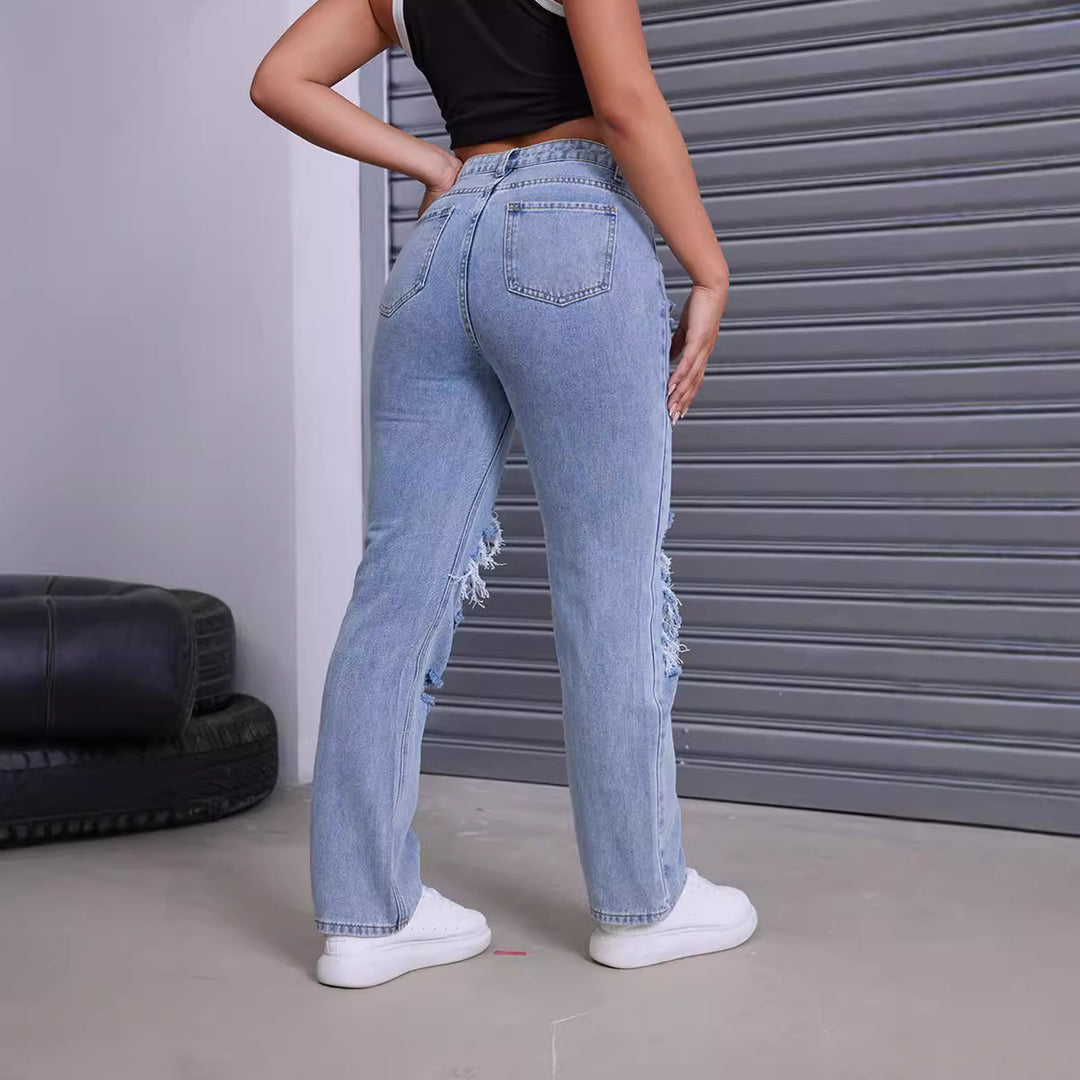 Damen Destroyed Jeans mit modernem High-Waist Schnitt und auffälligen Rissdetails Drune