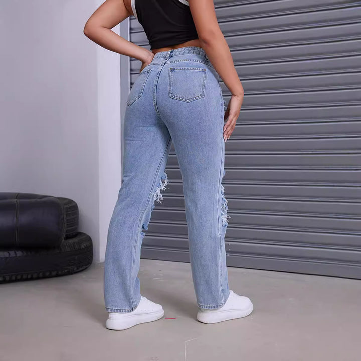 Damen Destroyed Jeans mit modernem High-Waist Schnitt und auffälligen Rissdetails Drune