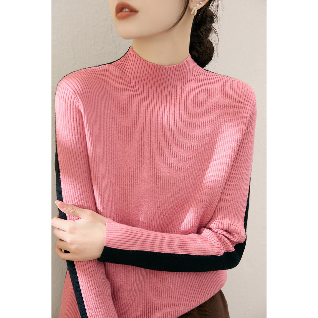 Damen modischer Rollkragenpullover mit strukturiertem Rippdesign und kontrastierenden Ärmeln Drune