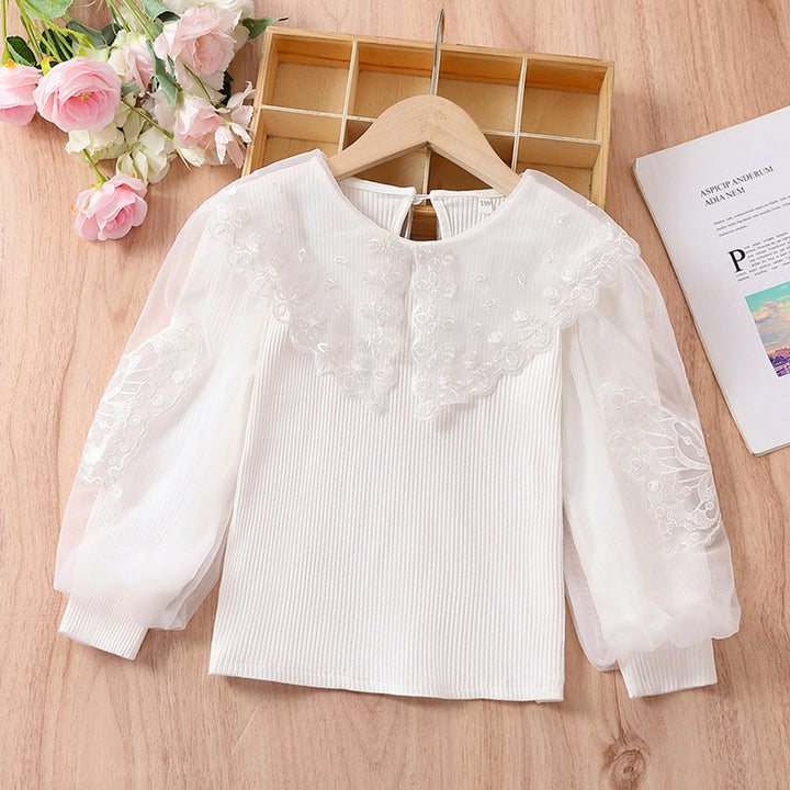 Mädchen Bluse mit luftigen Tüllärmeln und zarter Blumenbestickung Drune
