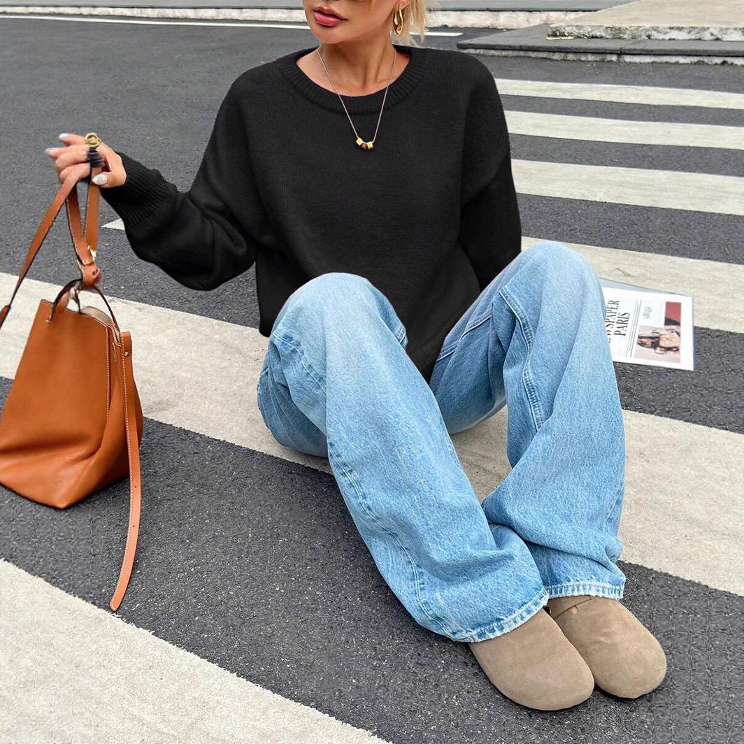 Damen Bequemer Pullover aus feiner Strickqualität mit zeitlosem Rundhalsausschnitt Drune