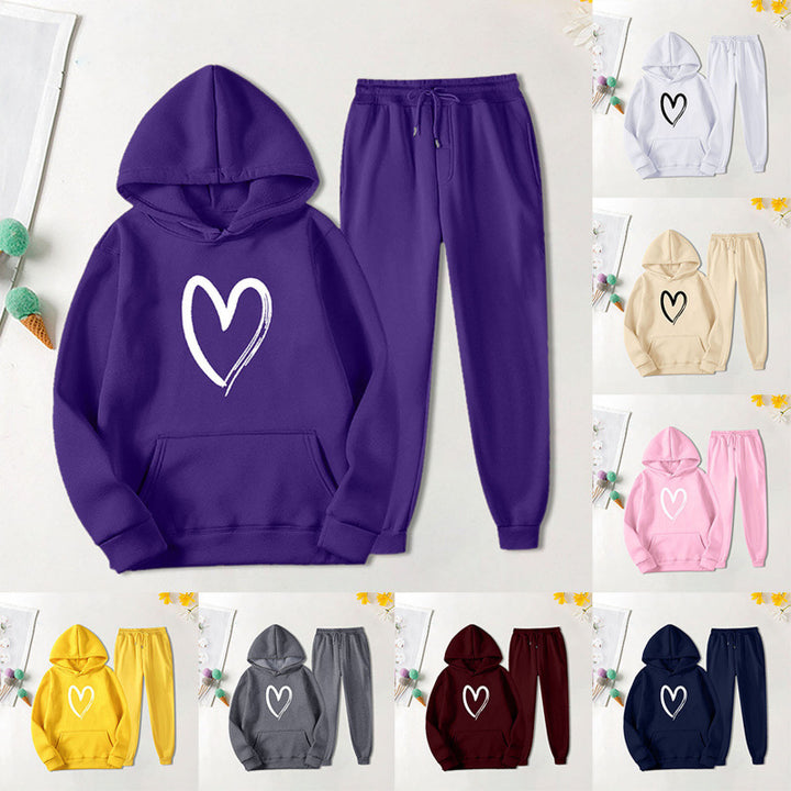 Damen Sweatsuit mit Kängurutasche und herzförmigem Print Drune