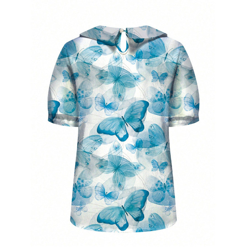 Damen Kurzarmbluse mit floralen Akzenten und klassischem Kragen Drune