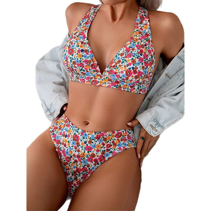Damen Hochgeschnittener Floral-Bikini mit V-Ausschnitt Drune