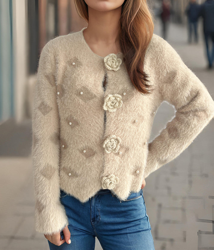 Damen feine Strickjacke mit Blumenapplikationen und Perlenakzenten Drune