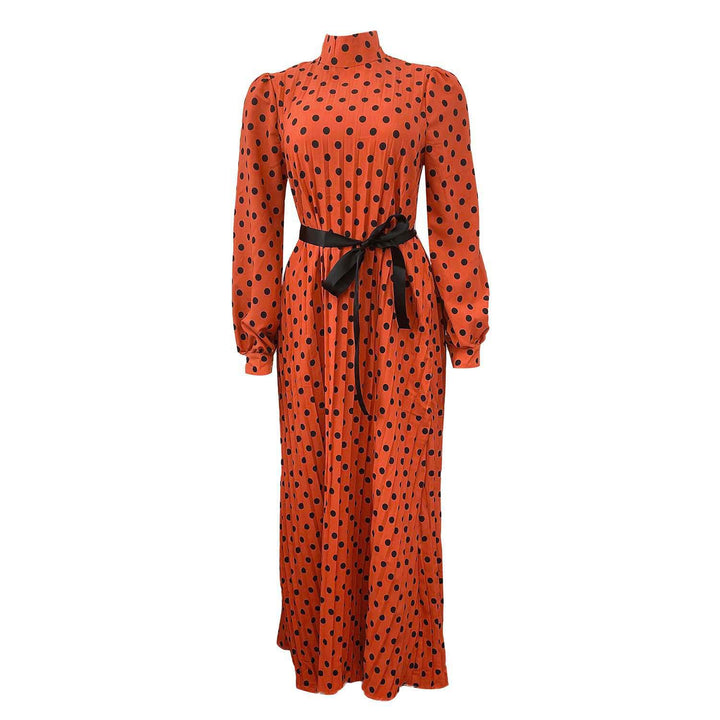 Damen Maxikleid mit elegantem Stehkragen und Taillengürtel Drune