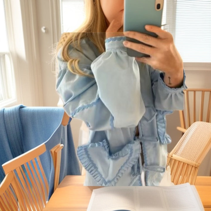 Damen Verspielte Bluse mit Herz-Applikationen und Rüschendetails Drune