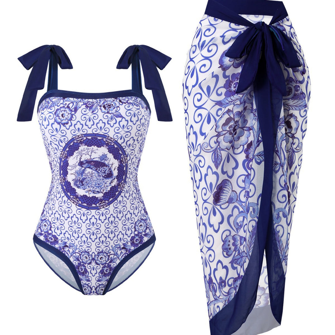 Damen Badeanzug mit floralem Design und transparentem Wickelrock Drune