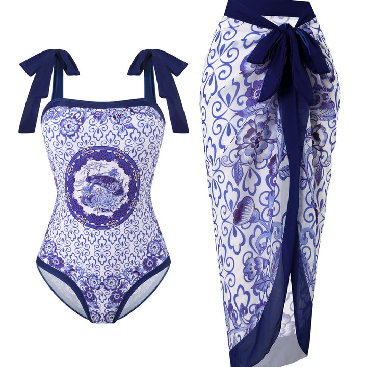 Damen Badeanzug mit floralem Design und transparentem Wickelrock Drune
