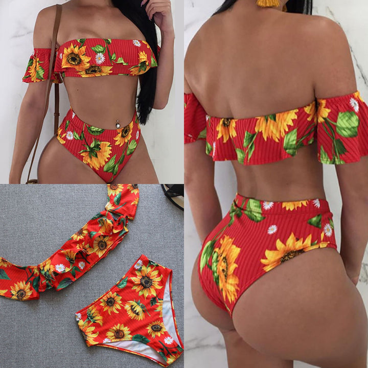 Damen Bikini-Set mit floralem Rüschendesign und hohem Taillenslip Drune