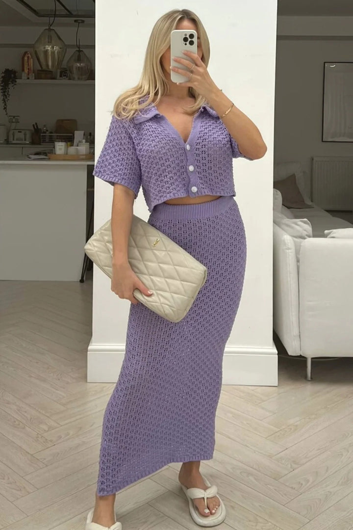 Damen Strick-Set mit offenem Cardigan und maxi Rock Drune