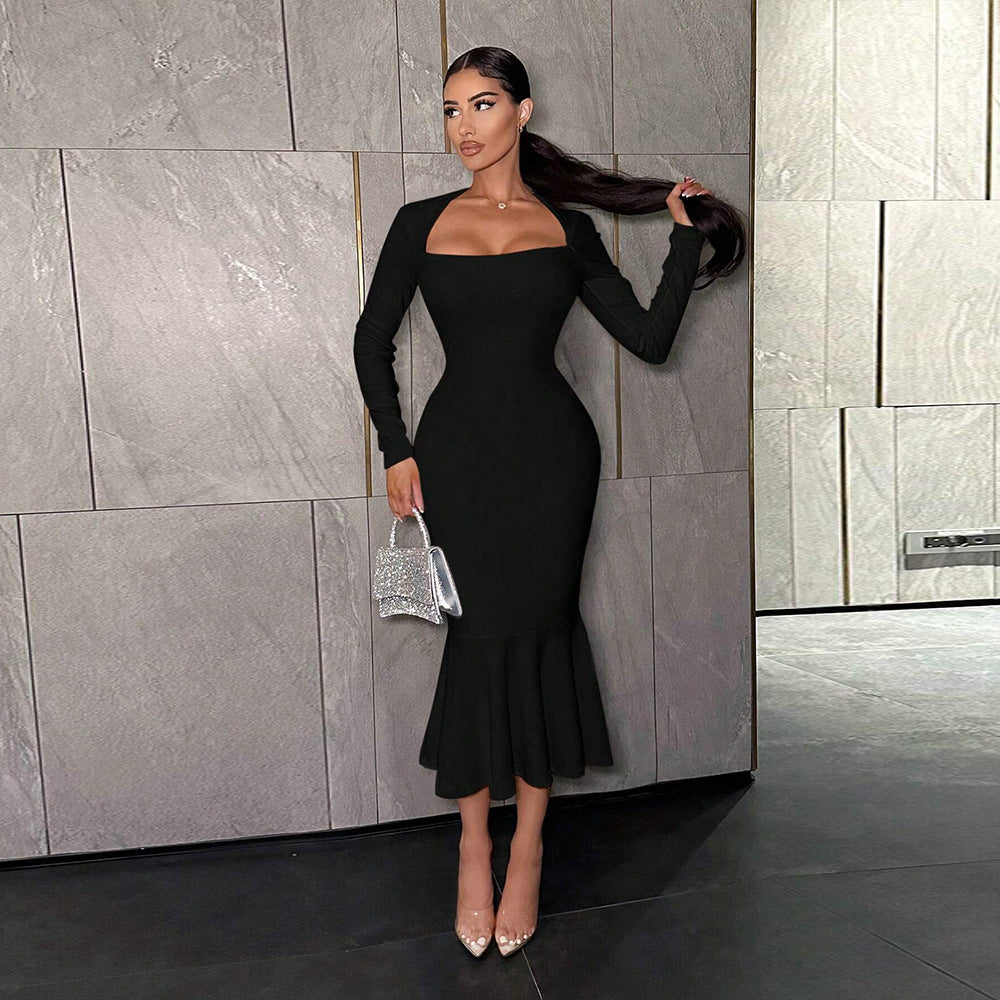 Damen langes Kleid mit schickem Quadrat-Ausschnitt und ausgestelltem Saum Drune