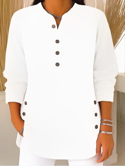 Damen nan plissee Tunika-Bluse mit Stehkragen, Knopfleiste und seitlichen Zierknöpfen Drune