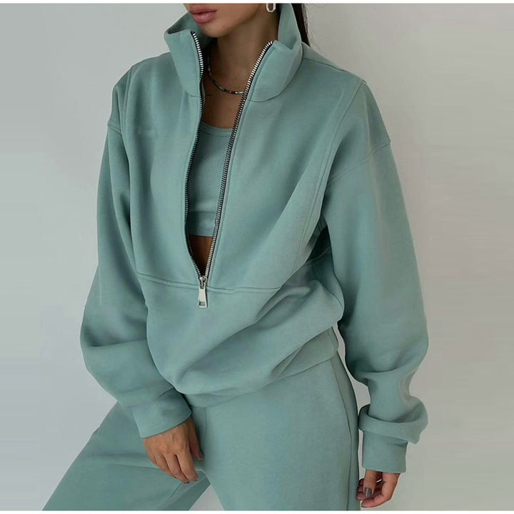 Damen lässiger Zip-Pullover mit hohem Kragen Drune