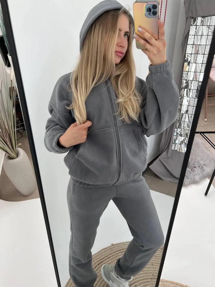 Damen Fleece-Loungewear-Anzug mit Reißverschluss und Kapuze Drune