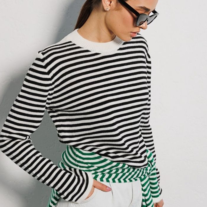 Damen Tragbarer Langarmpullover aus weichem Baumwollmix mit Streifenmuster Drune