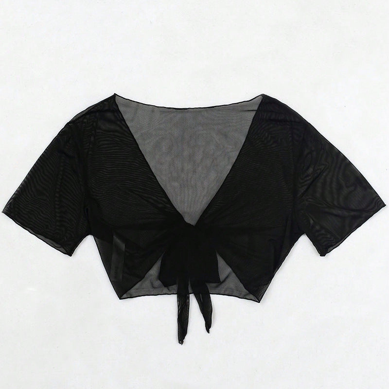 Damen Kurzarm-Crop-Top mit V-Ausschnitt und Bindeband Drune