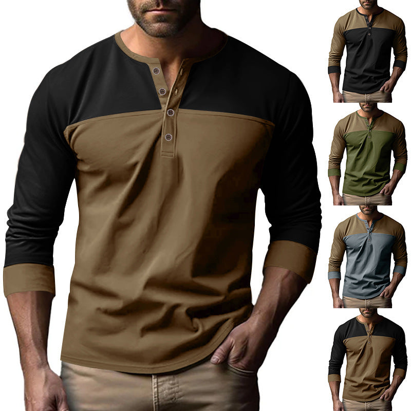 Herren nan zweifarbiges Langarmshirt im Henley-Stil mit Schulterpasse, kurzer Knopfleiste und Rippbündchen Drune