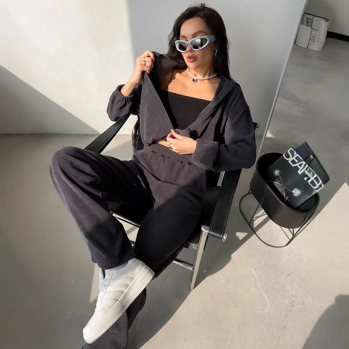 Damen nan kurzes Kapuzen-Loungewear-Set mit durchgehendem Reißverschluss, elastischem Komfortbund und gerippter Struktur Drune