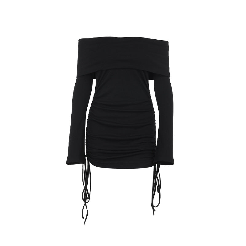 Damen Off-Shoulder Mini-Kleid mit Raffung und langen Ärmeln Drune