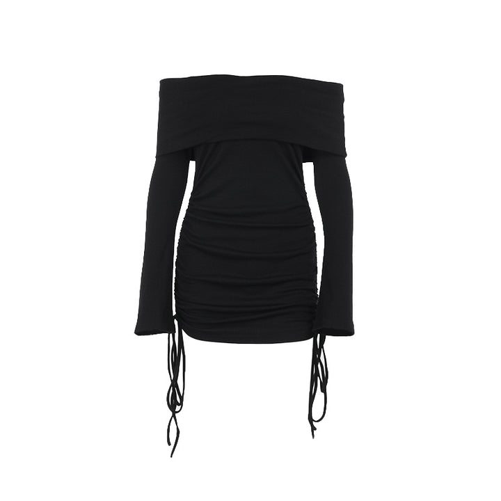 Damen Off-Shoulder Mini-Kleid mit Raffung und langen Ärmeln Drune