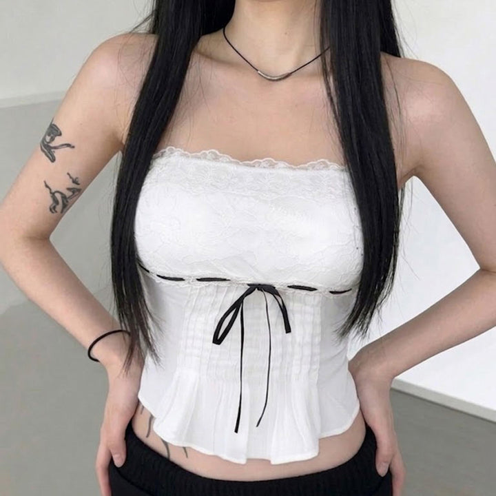 Damen-Spitzen-Bandeau-Top mit Raffungen und dekorativem Bindeband Drune